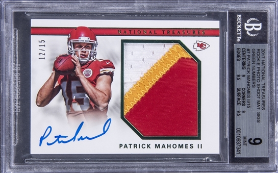 2017 Panini National Treasures "Rookie Photo Shoot Material Signatures" Green Numbers #7 Patrick Mahomes II Signed Patch Rookie Card (#12/15) - BGS MINT 9/BGS 10